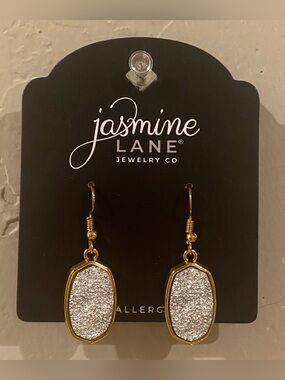 3/$21 Jasmine Lane Gold-Trim Faux Silver Druzy Drop Earrings. NWT